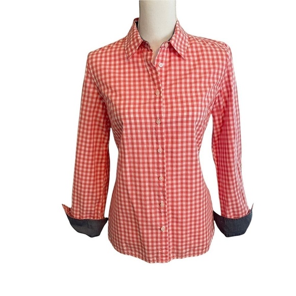 Tommy Hilfiger Coral and White Gingham Button Down Shirt Long Sleeve Classic. 12 - Picture 2 of 12